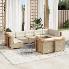 Salon de jardin avec coussins 10 pcs beige résine tressée