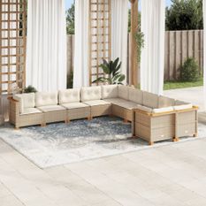 Salon de jardin avec coussins 10 pcs beige résine tressée