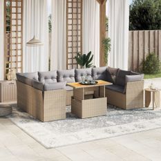 Salon de jardin avec coussins 10 pcs beige résine tressée