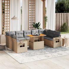 Salon de jardin avec coussins 10 pcs beige résine tressée