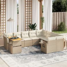 Salon de jardin avec coussins 10 pcs beige résine tressée