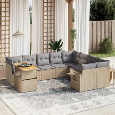 Salon de jardin avec coussins 10 pcs beige résine tressée