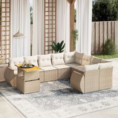 Salon de jardin avec coussins 10 pcs beige résine tressée