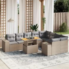 Salon de jardin avec coussins 10 pcs beige résine tressée