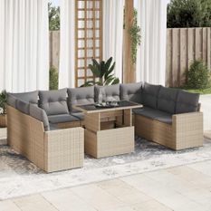 Salon de jardin avec coussins 10 pcs beige résine tressée