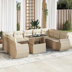 Salon de jardin avec coussins 10 pcs beige résine tressée