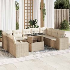 Salon de jardin avec coussins 10 pcs beige résine tressée