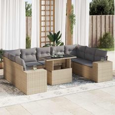 Salon de jardin avec coussins 10 pcs beige résine tressée