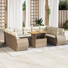 Salon de jardin avec coussins 10 pcs beige résine tressée