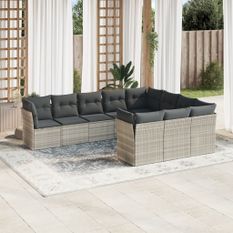 Salon de jardin avec coussins 10 pcs gris clair résine tressée