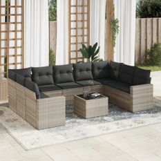 Salon de jardin avec coussins 10 pcs gris clair résine tressée