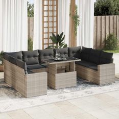 Salon de jardin avec coussins 10 pcs gris clair résine tressée