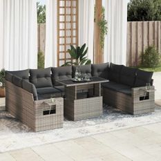 Salon de jardin avec coussins 10 pcs gris résine tressée