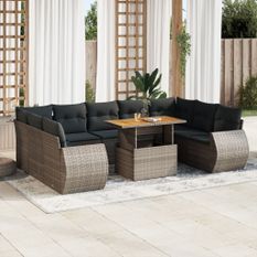 Salon de jardin avec coussins 10 pcs gris résine tressée