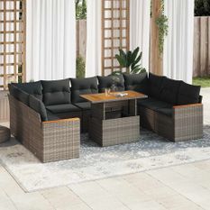 Salon de jardin avec coussins 10 pcs gris résine tressée acacia