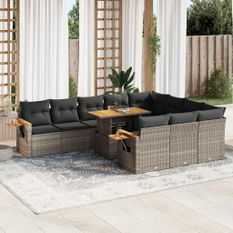 Salon de jardin avec coussins 10 pcs gris résine tressée acacia