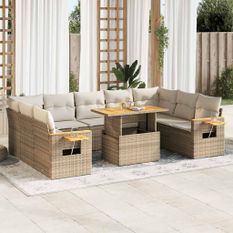 Salon de jardin avec coussins 10pcs beige résine tressée acacia