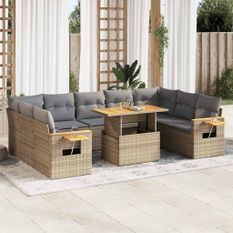 Salon de jardin avec coussins 10pcs beige résine tressée acacia