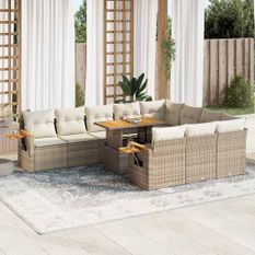 Salon de jardin avec coussins 10pcs beige résine tressée acacia