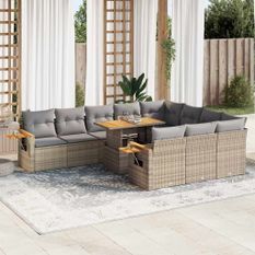 Salon de jardin avec coussins 10pcs beige résine tressée acacia