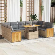 Salon de jardin avec coussins 10pcs beige résine tressée acacia