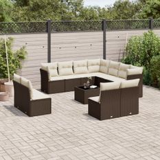 Salon de jardin avec coussins 12 pcs marron résine tressée