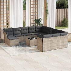 Salon de jardin avec coussins 13 pcs gris résine tressée