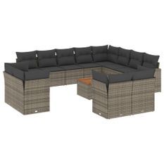 Salon de jardin avec coussins 13 pcs gris résine tressée