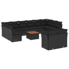 Salon de jardin avec coussins 13 pcs noir résine tressée
