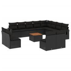 Salon de jardin avec coussins 13 pcs noir résine tressée