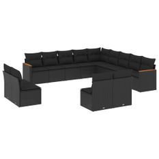 Salon de jardin avec coussins 13 pcs noir résine tressée