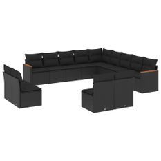 Salon de jardin avec coussins 13 pcs noir résine tressée
