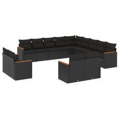 Salon de jardin avec coussins 13 pcs noir résine tressée