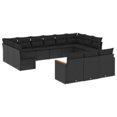 Salon de jardin avec coussins 13 pcs noir résine tressée