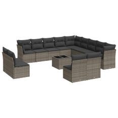 Salon de jardin avec coussins 14 pcs gris résine tressée