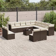 Salon de jardin avec coussins 14 pcs marron résine tressée