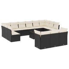 Salon de jardin avec coussins 14 pcs noir résine tressée