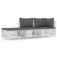 Salon de jardin avec coussins 3 pcs blanc acier