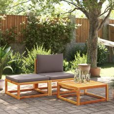 Salon de jardin avec coussins 3 pcs bois massif d'acacia