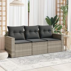 Salon de jardin avec coussins 3 pcs gris clair résine tressée