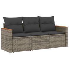 Salon de jardin avec coussins 3 pcs gris résine tressée