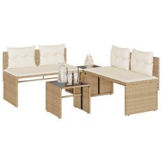 Salon de jardin avec coussins 4 pcs beige résine tressée