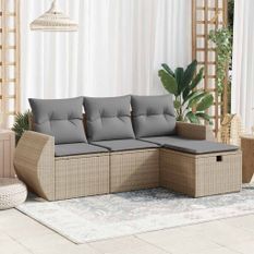 Salon de jardin avec coussins 4 pcs beige résine tressée