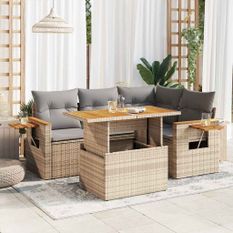 Salon de jardin avec coussins 4 pcs beige résine tressée acacia