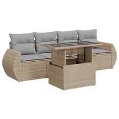 Salon de jardin avec coussins 5 pcs beige résine tressée