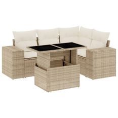 Salon de jardin avec coussins 5 pcs beige résine tressée
