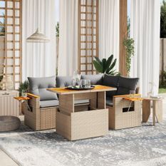 Salon de jardin avec coussins 5 pcs beige résine tressée