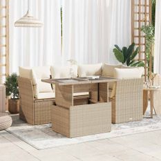 Salon de jardin avec coussins 5 pcs beige résine tressée