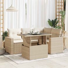 Salon de jardin avec coussins 5 pcs beige résine tressée