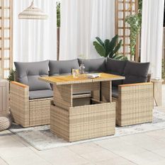 Salon de jardin avec coussins 5 pcs beige résine tressée acacia